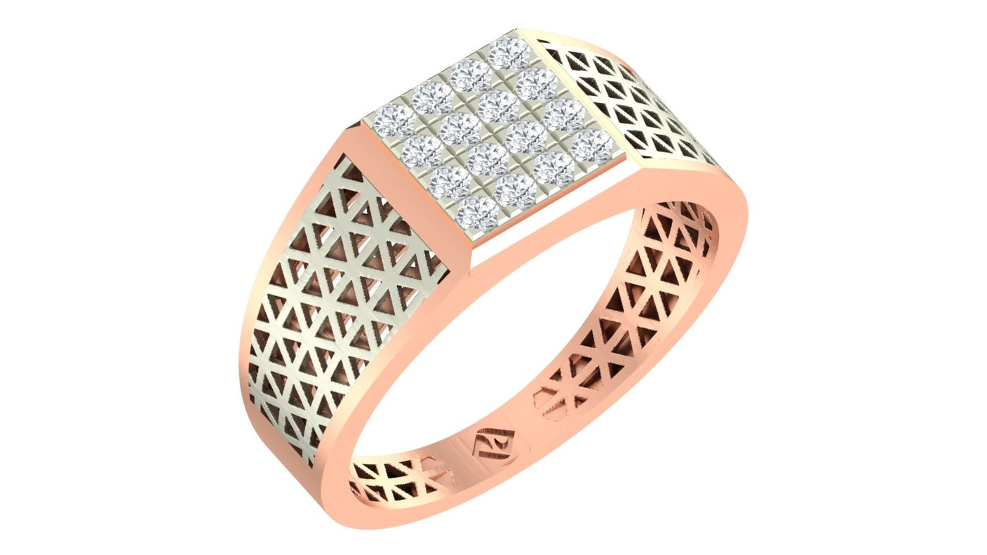 A men's signet-style ring in rose gold with a geometric, shown on a plain white background.