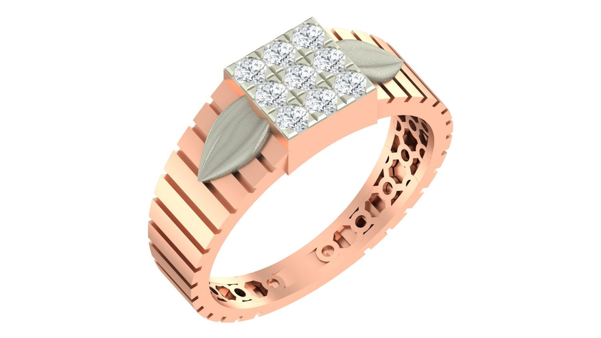 A rose gold ring with a square diamond cluster, shown on a plain white background.