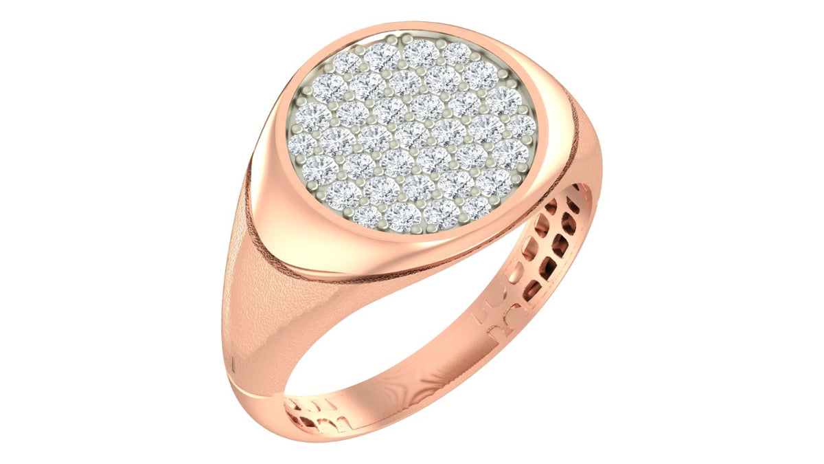 A rose gold and diamond featuring a large oval pavé diamond setting, shown on a plain white background.
