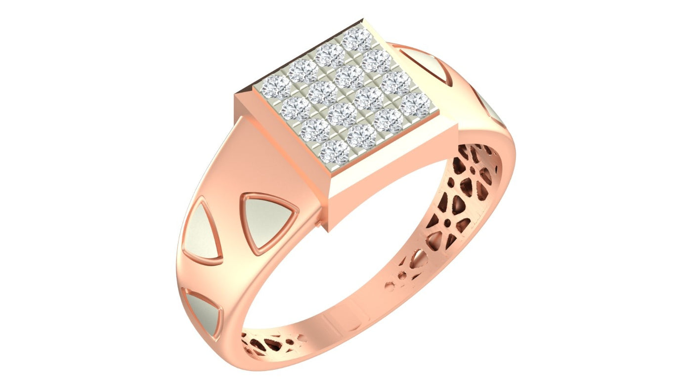 A rose gold ring with a square pavé diamond setting on the face and decorative triangular inlays on the band, shown on a plain white background.