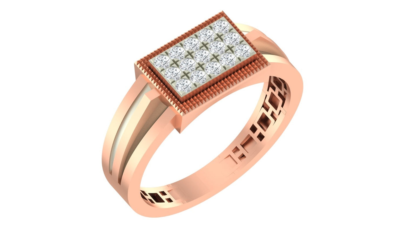 A rose gold ring featuring a rectangular pavé diamond top with a central diamond, set against a plain white background.