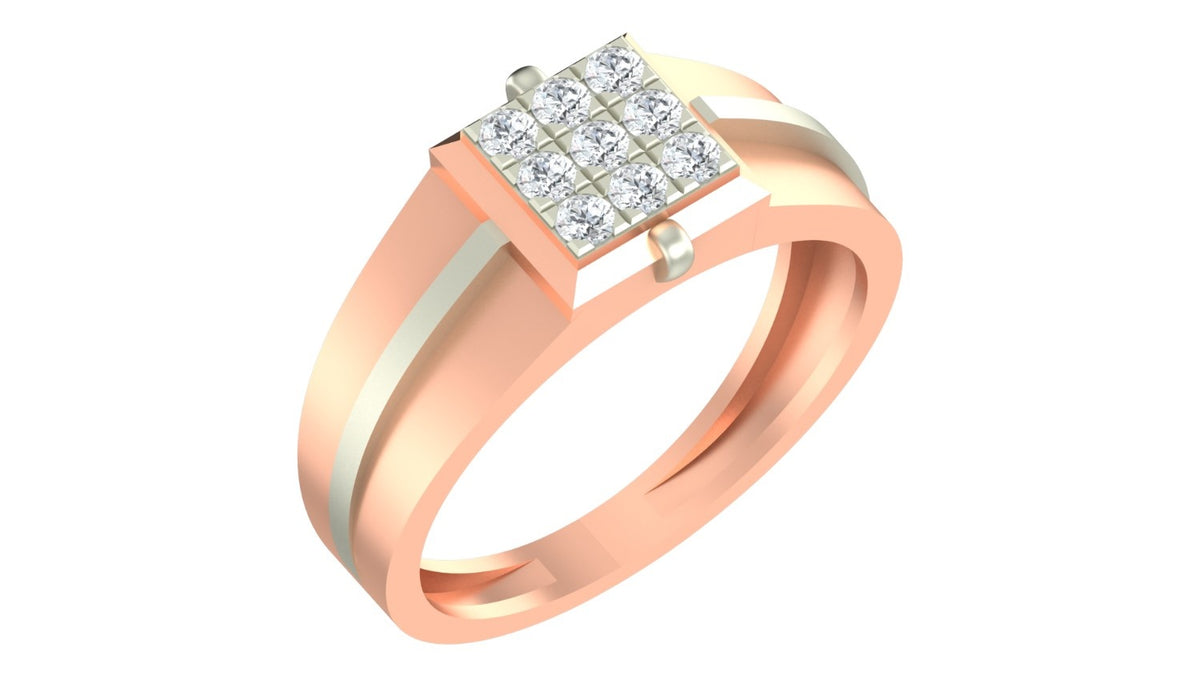 A rose gold ring with a square diamond cluster on top, shown on a plain white background.