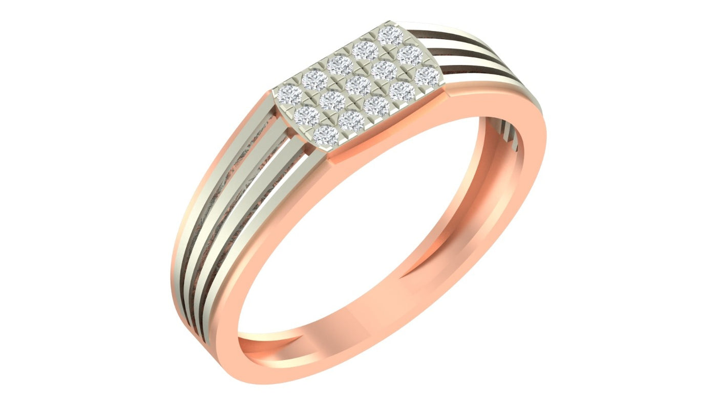 Rose gold and diamond band ring for men with diamond cluster on a white  background.