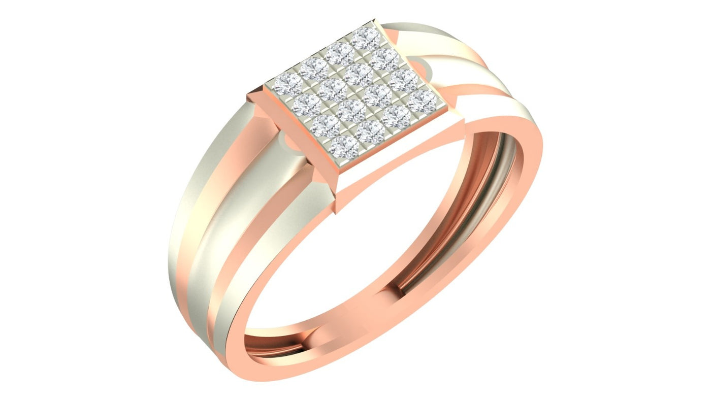 Rose gold and diamond mens ring on a white background.