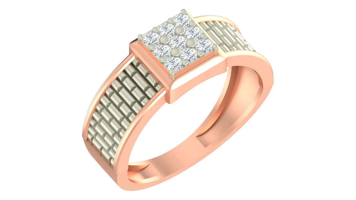 A rose gold ring with a square diamond cluster and textured, shown on a plain white background.