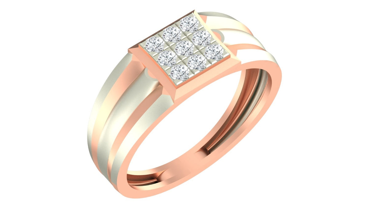 A rose gold and diamond ring featuring a square diamond cluster on the top, set against a plain white background.