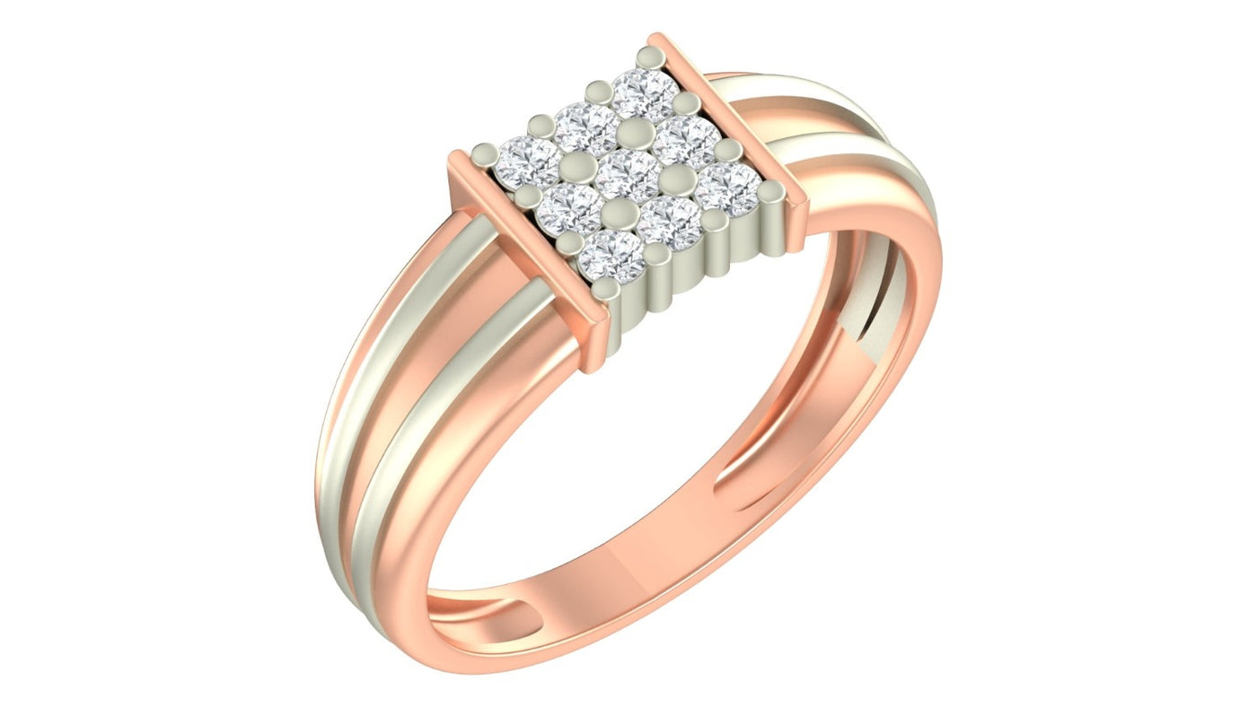 A rose gold and diamond ring featuring a square cluster diamonds, set against a plain white background.
