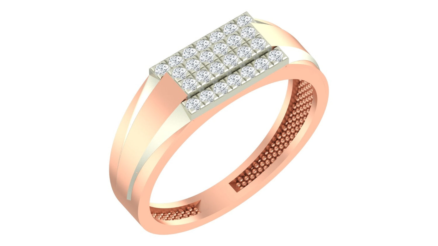 A rose gold ring with a rectangular pavé diamond top, shown on a plain white background.