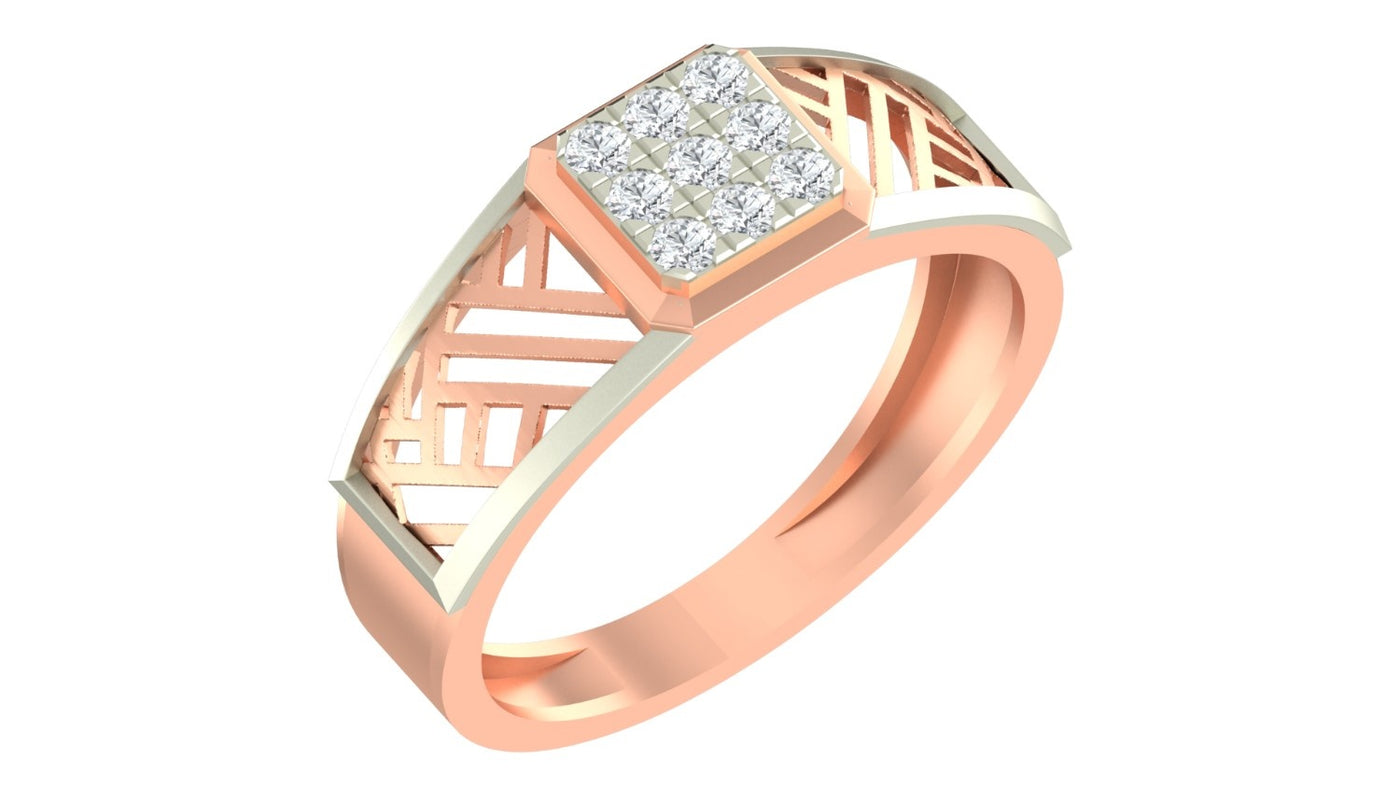 Rose gold and diamond men's ring on a white background.