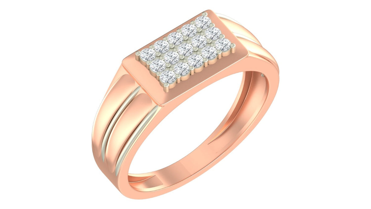 A rose gold ring with a rectangular pavé diamond setting, shown on a plain white background.