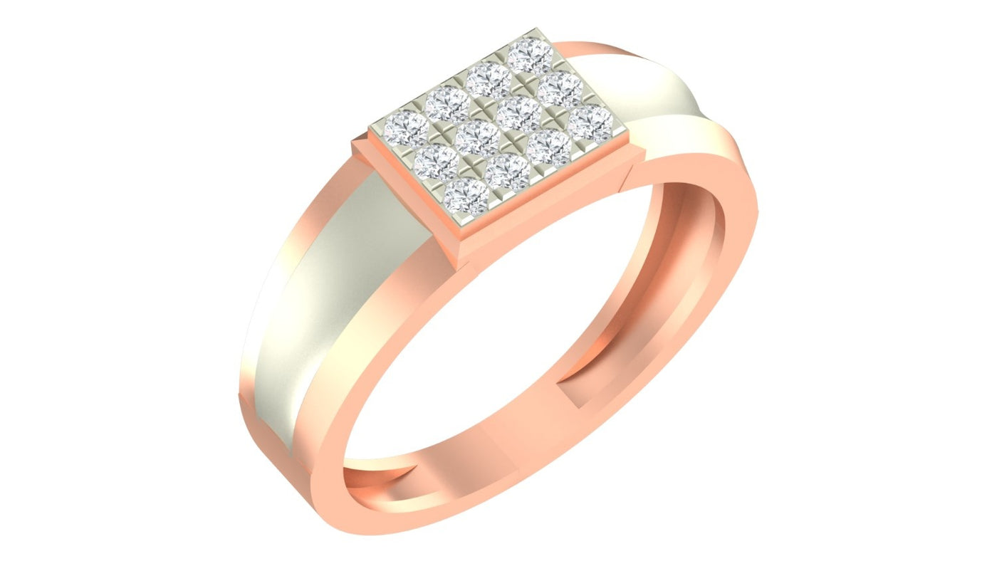 A rose gold ring with a square diamond cluster on a white background.