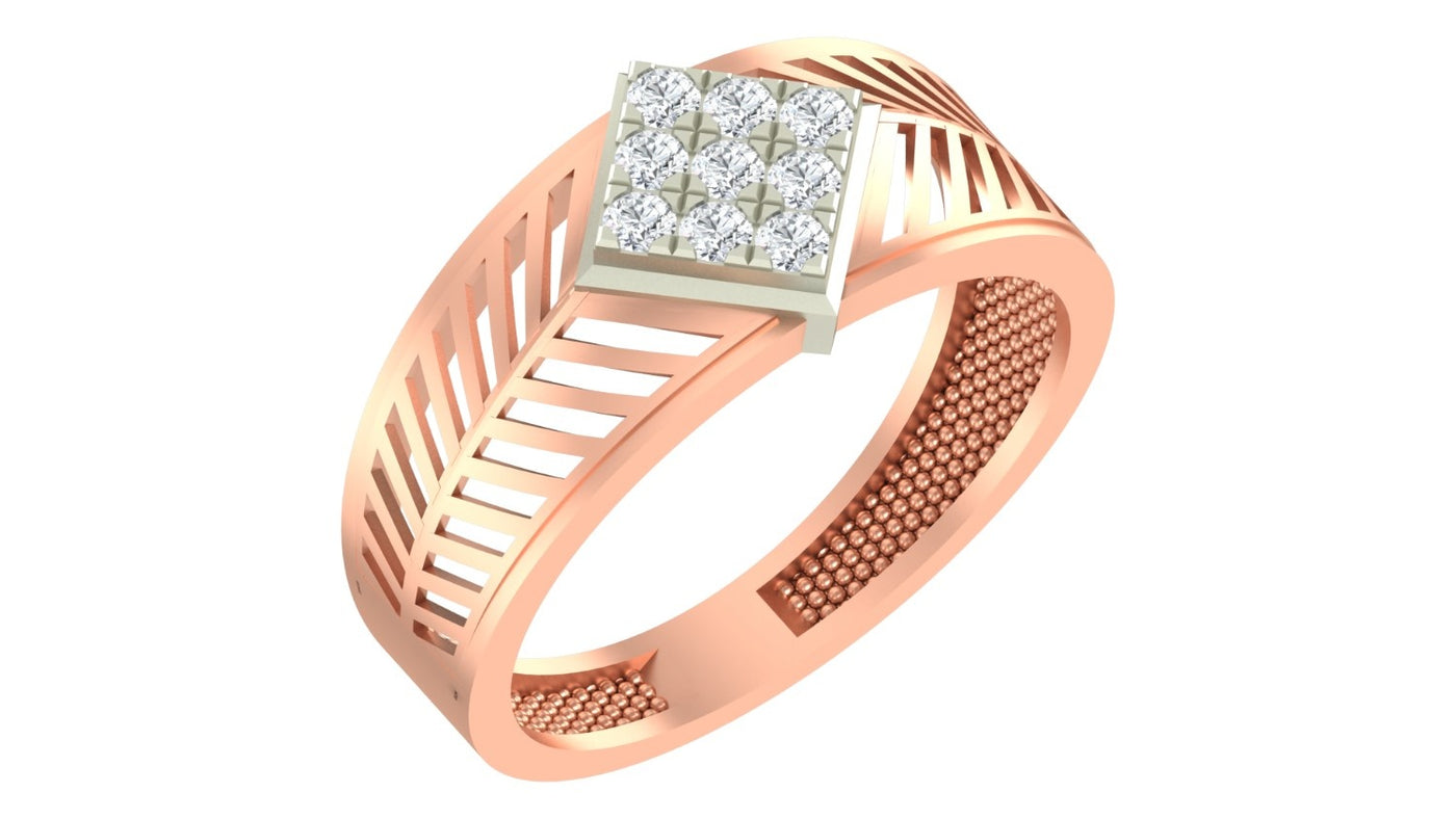 A rose gold ring with a square-cut diamond cluster setting, shown on a plain white background.
