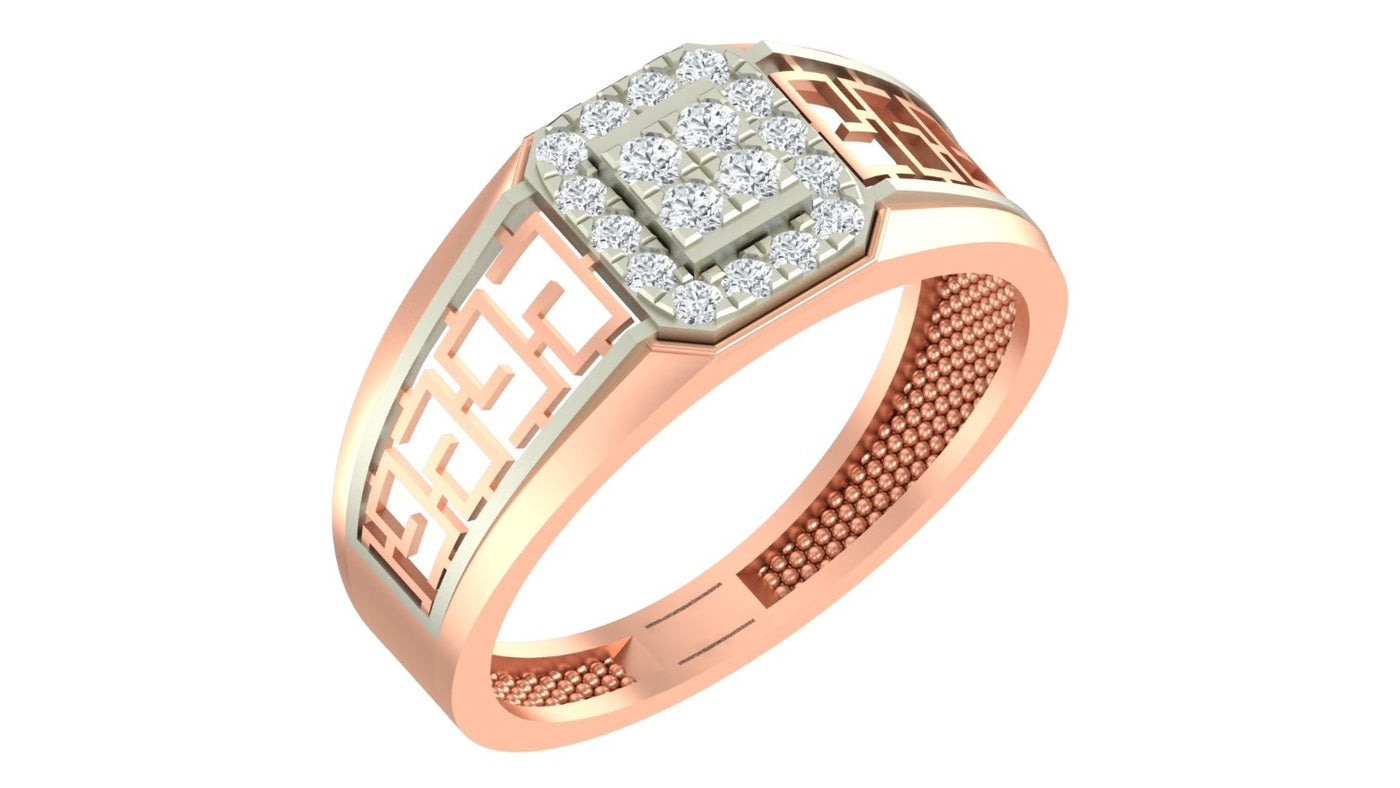 A men's rose gold ring with a square diamond cluster setting, featuring a central diamond on a white background.