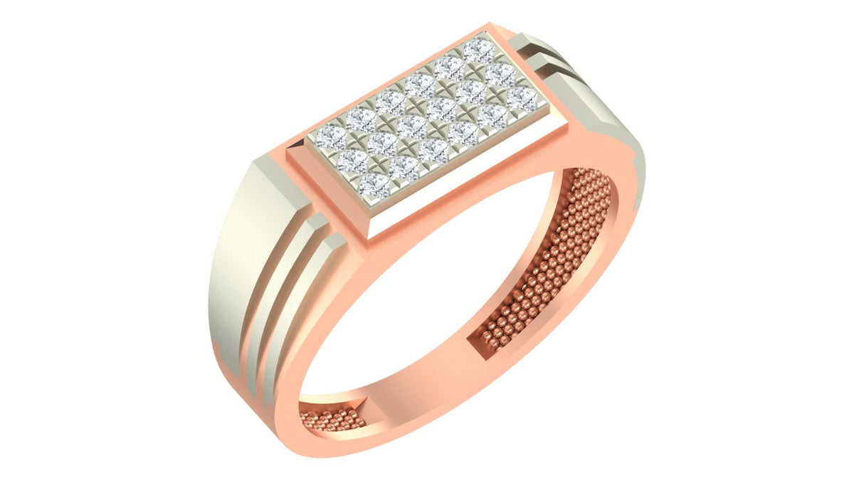 Rose gold and diamond band ring on a white background.