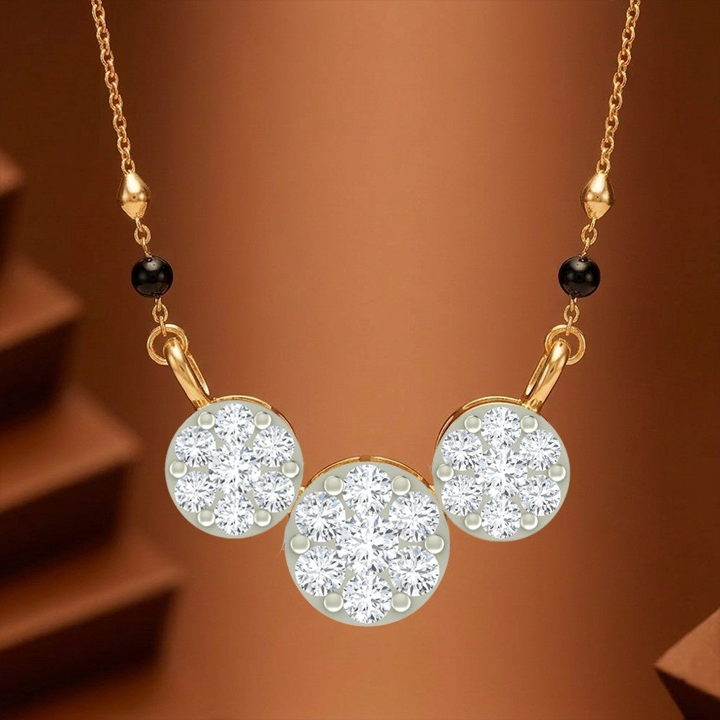 Yellow gold & diamond round mangalsutra on brown background
