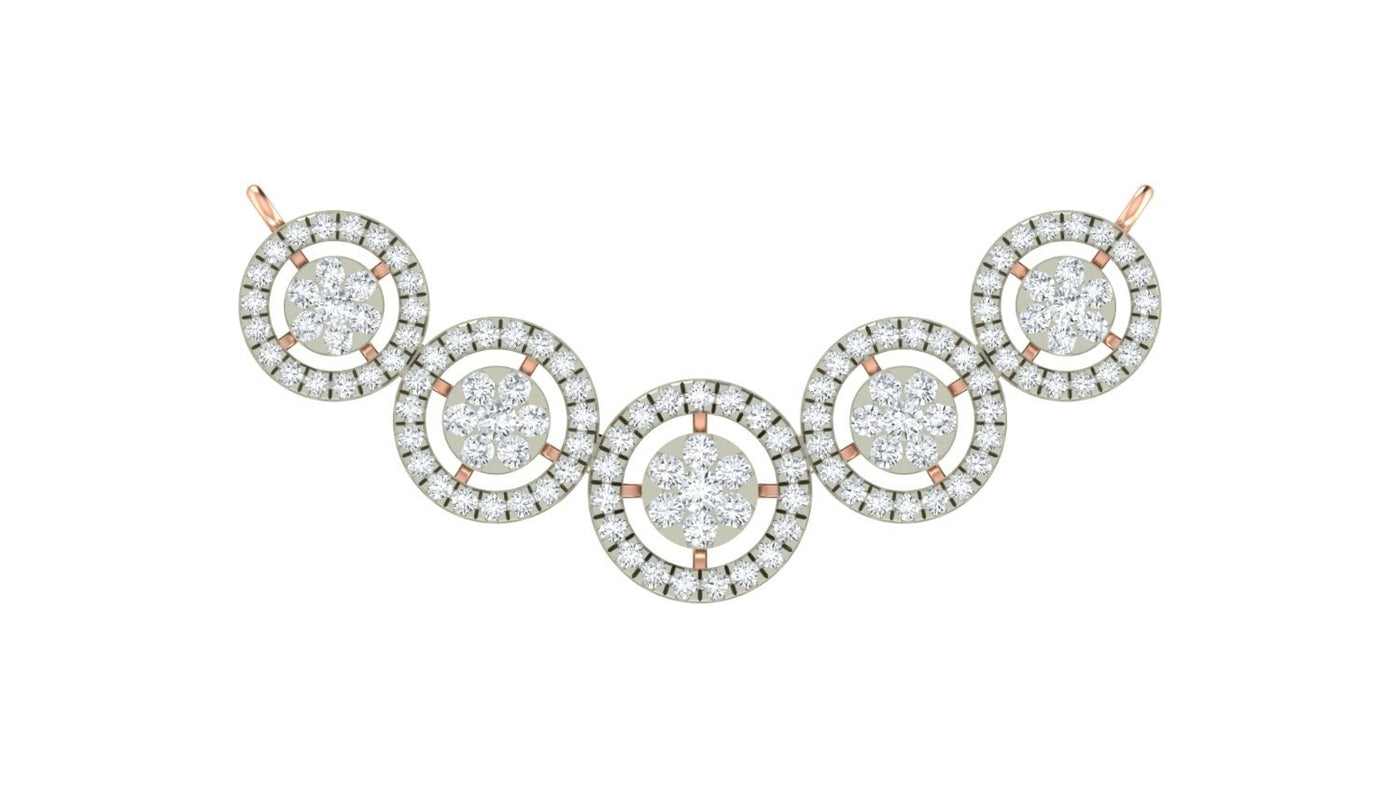 A five-link diamond mangalsutra featuring rose gold circular settings with pavé diamonds and central round-cut diamonds, displayed on a clean white background.