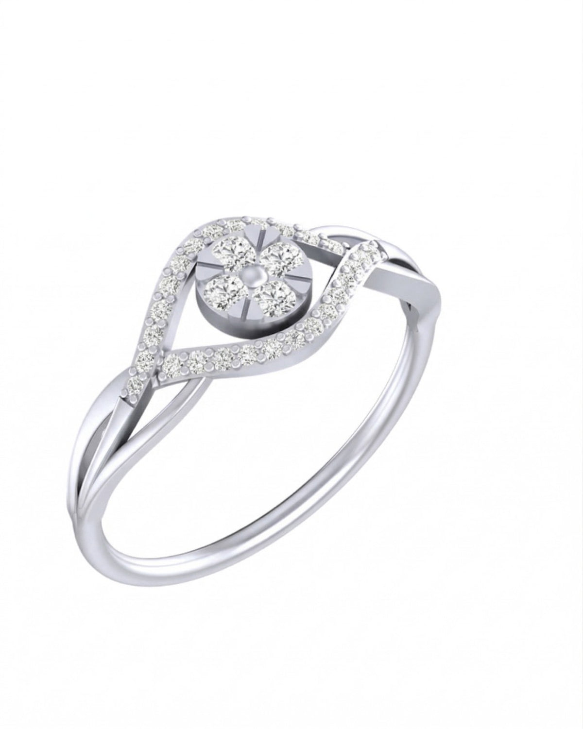 White gold and diamond cluster ring on a white background.