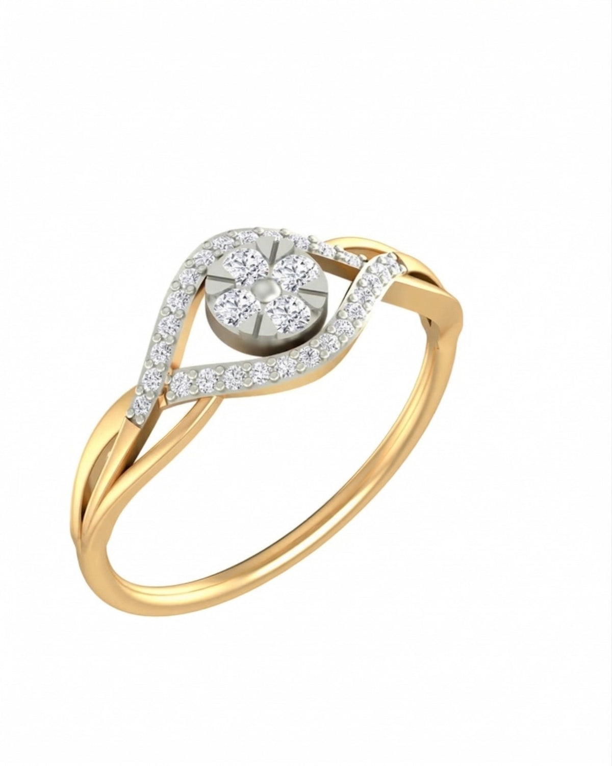 Yellow gold and diamond cluster ring on a white background.