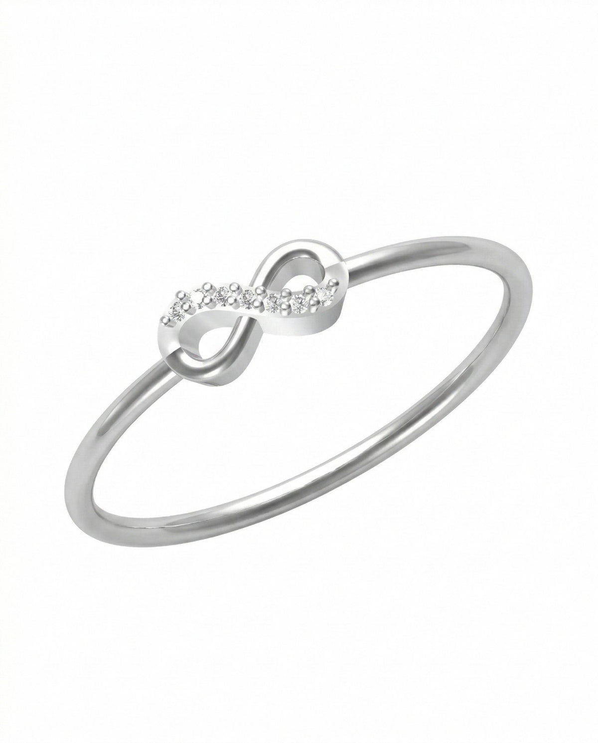 White gold and diamond infinity ring on a white background