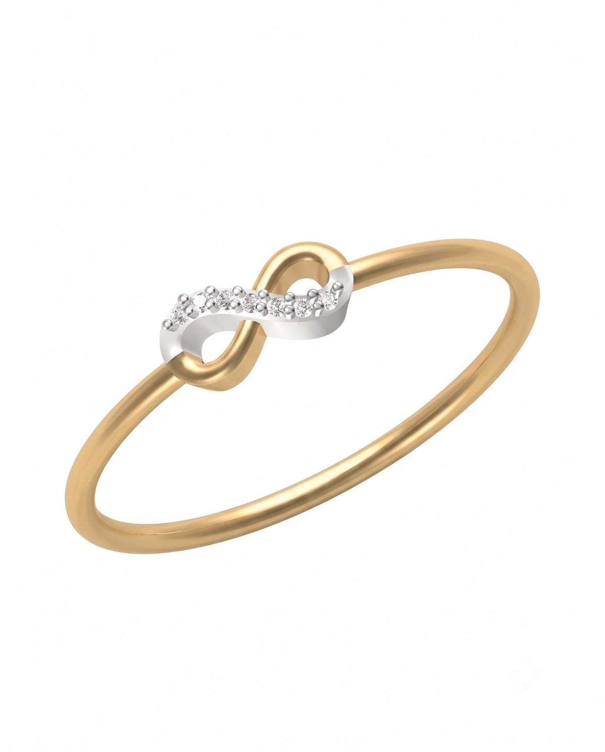 Yellow gold and diamond infinity ring on a white background
