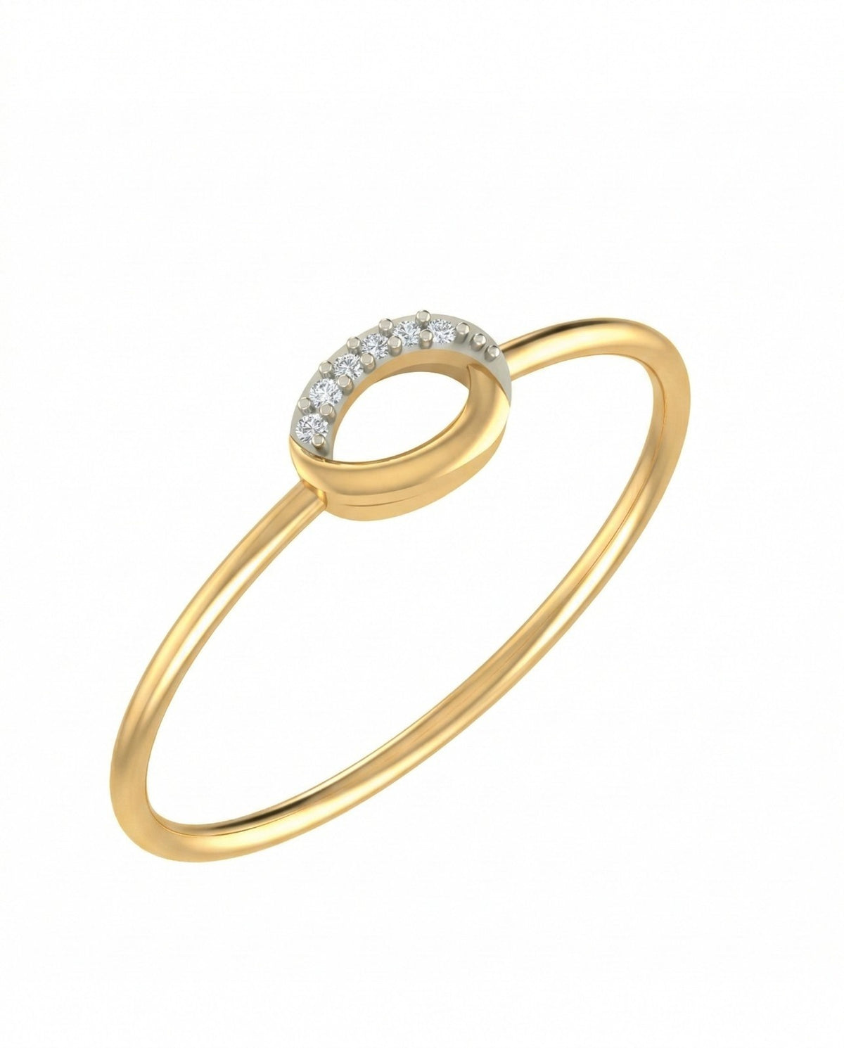 A yellow gold ring with a curved openwork top set, shown on a plain white background.