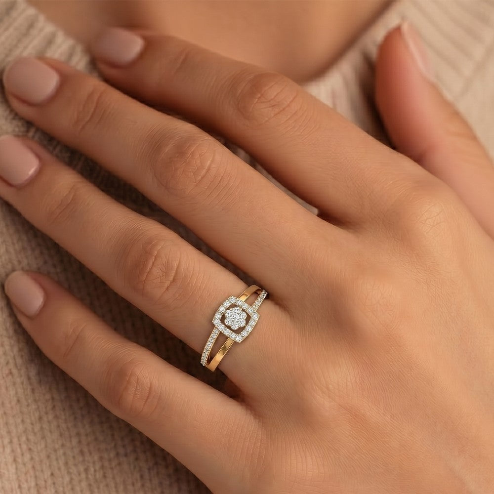 Close-up shot of a gold and diamond with cluster setting.