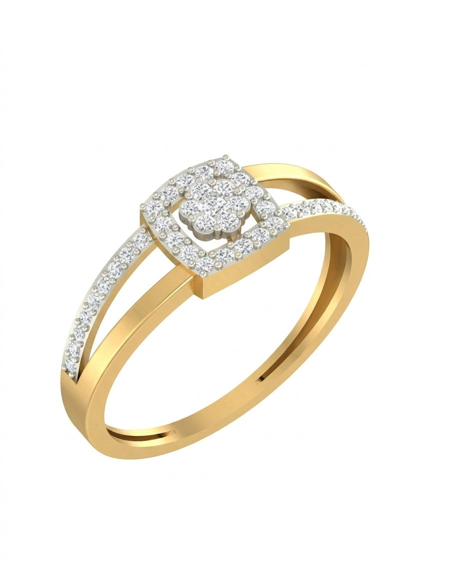 Yellow gold and diamond with cluster setting on a white background.