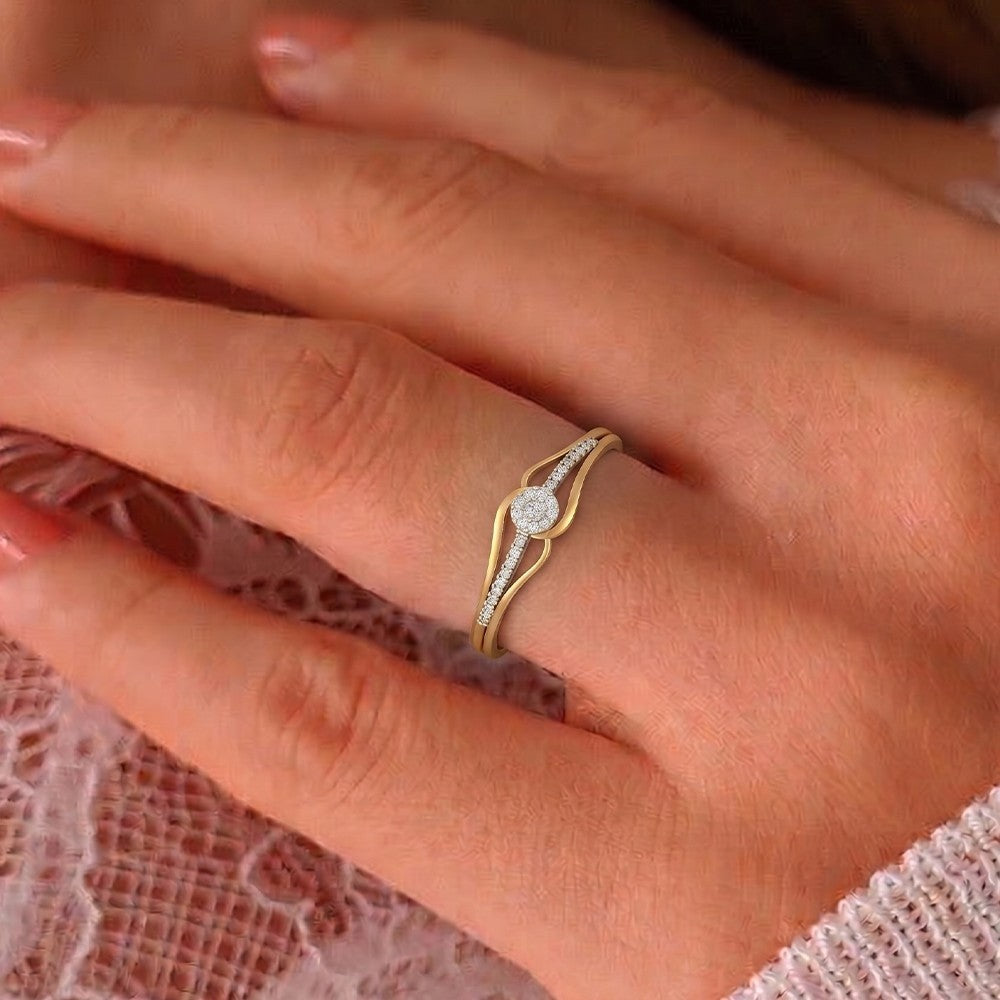 Close-up shot of gold and diamond with cluster setting ring.