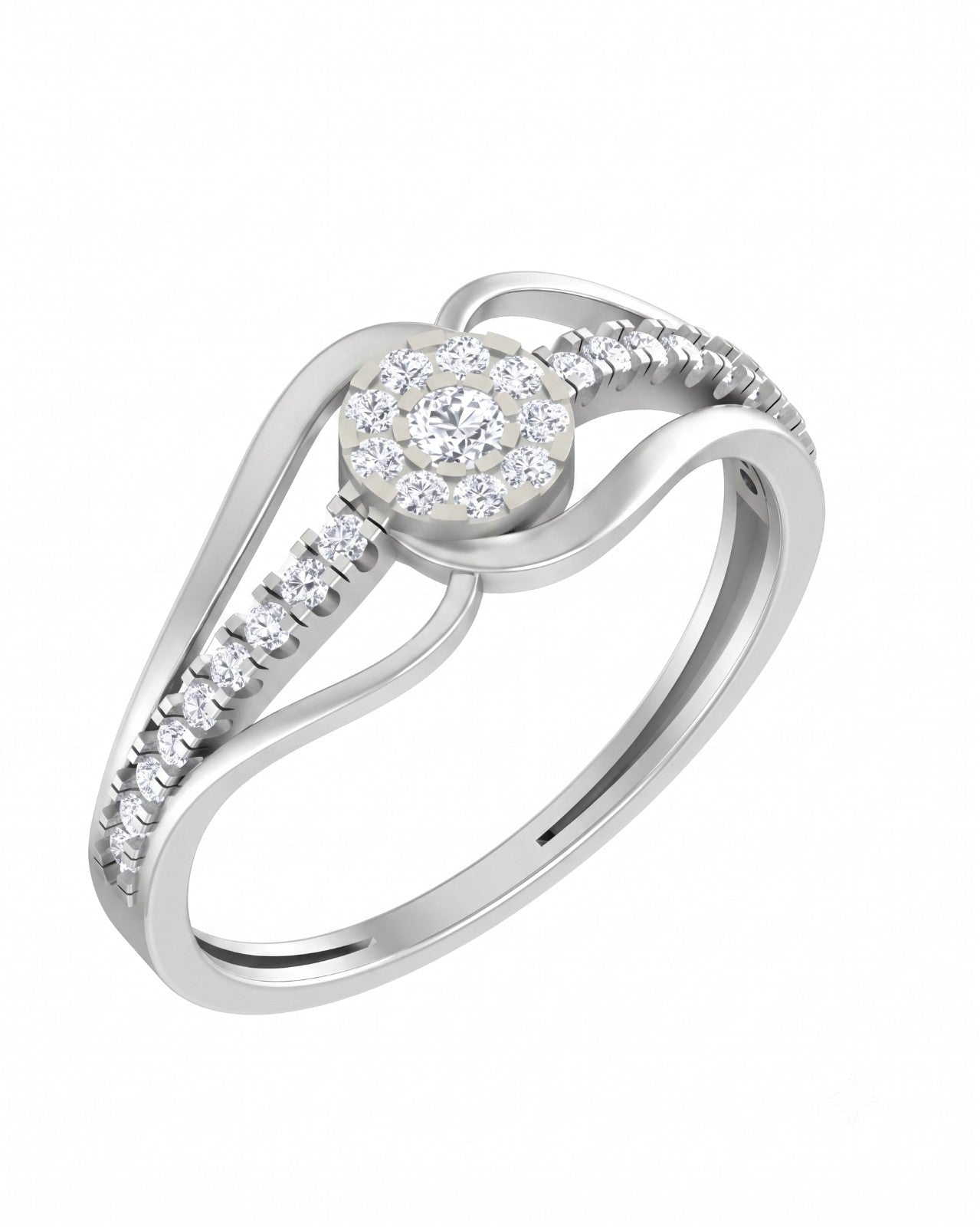 White gold and diamond with cluster setting on a white background.