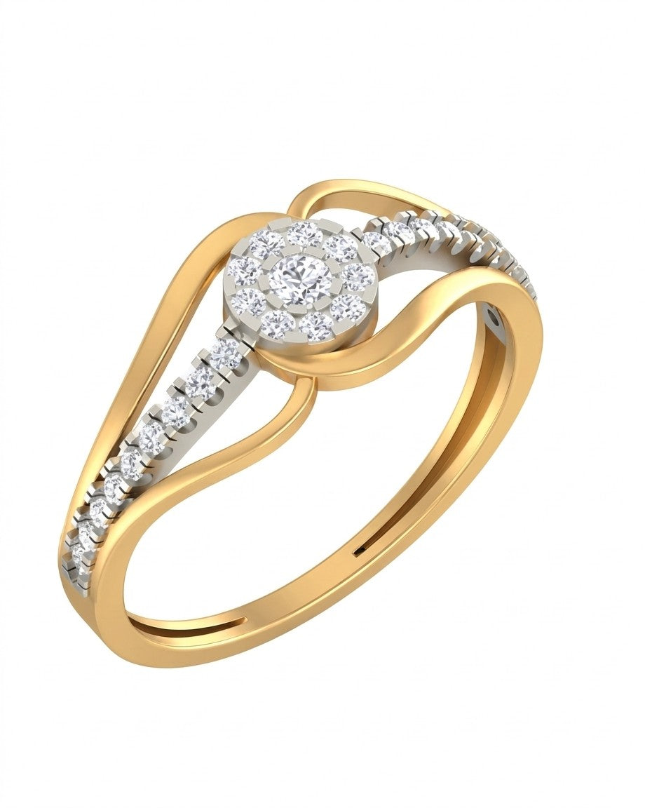 Yellow gold and diamond with cluster setting on a white background.