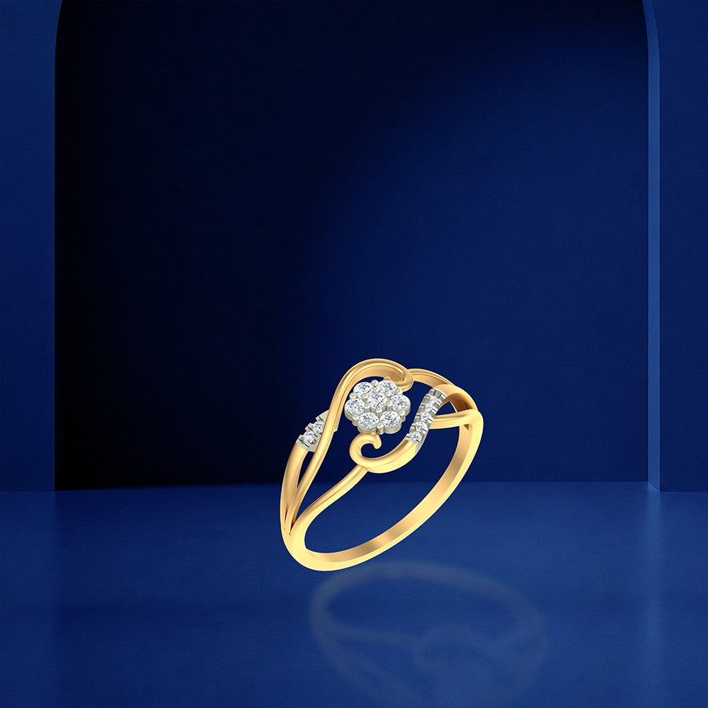 Gold and diamond with floral cluster on a blue background.