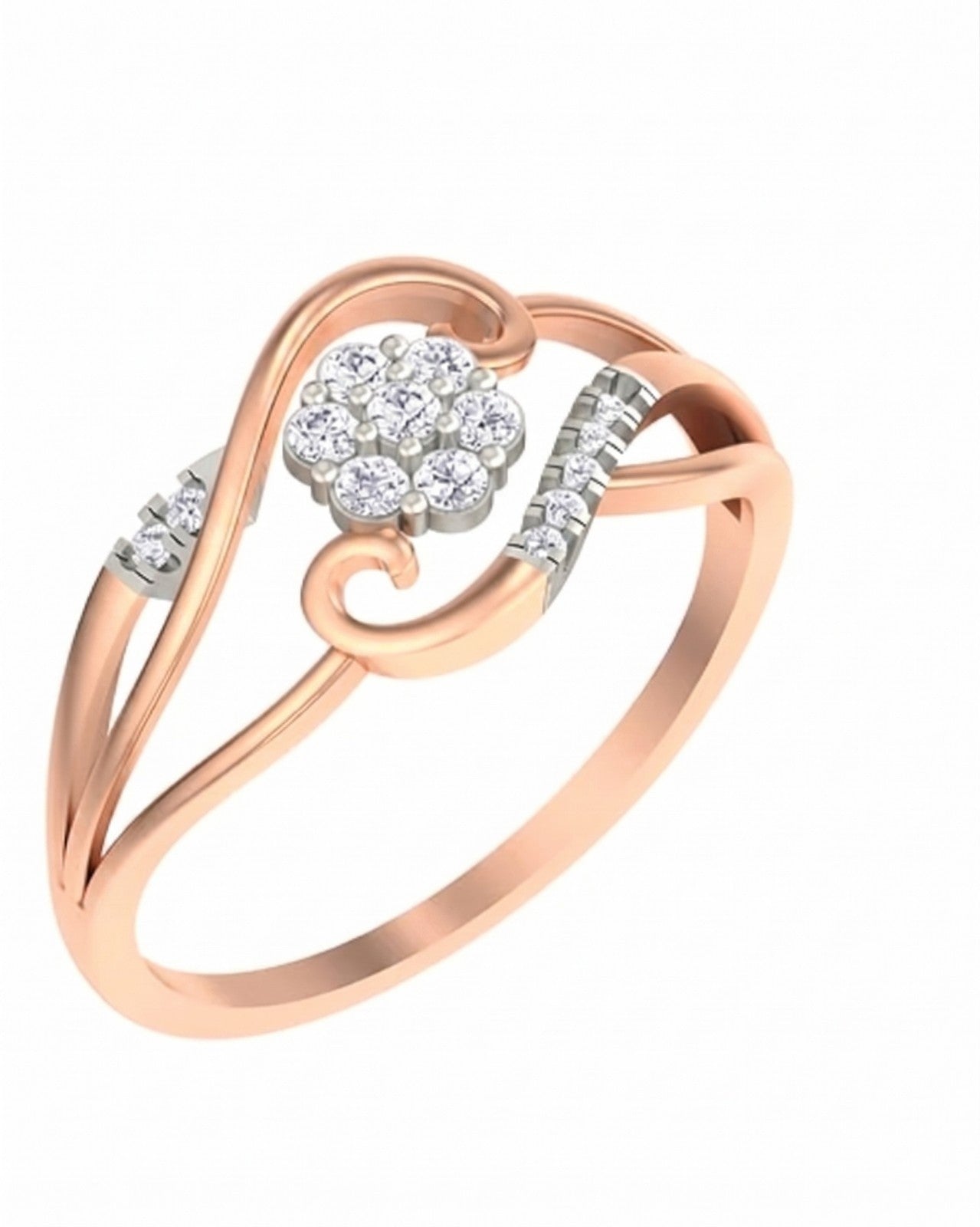 Rose gold and diamond with floral cluster on a white background.