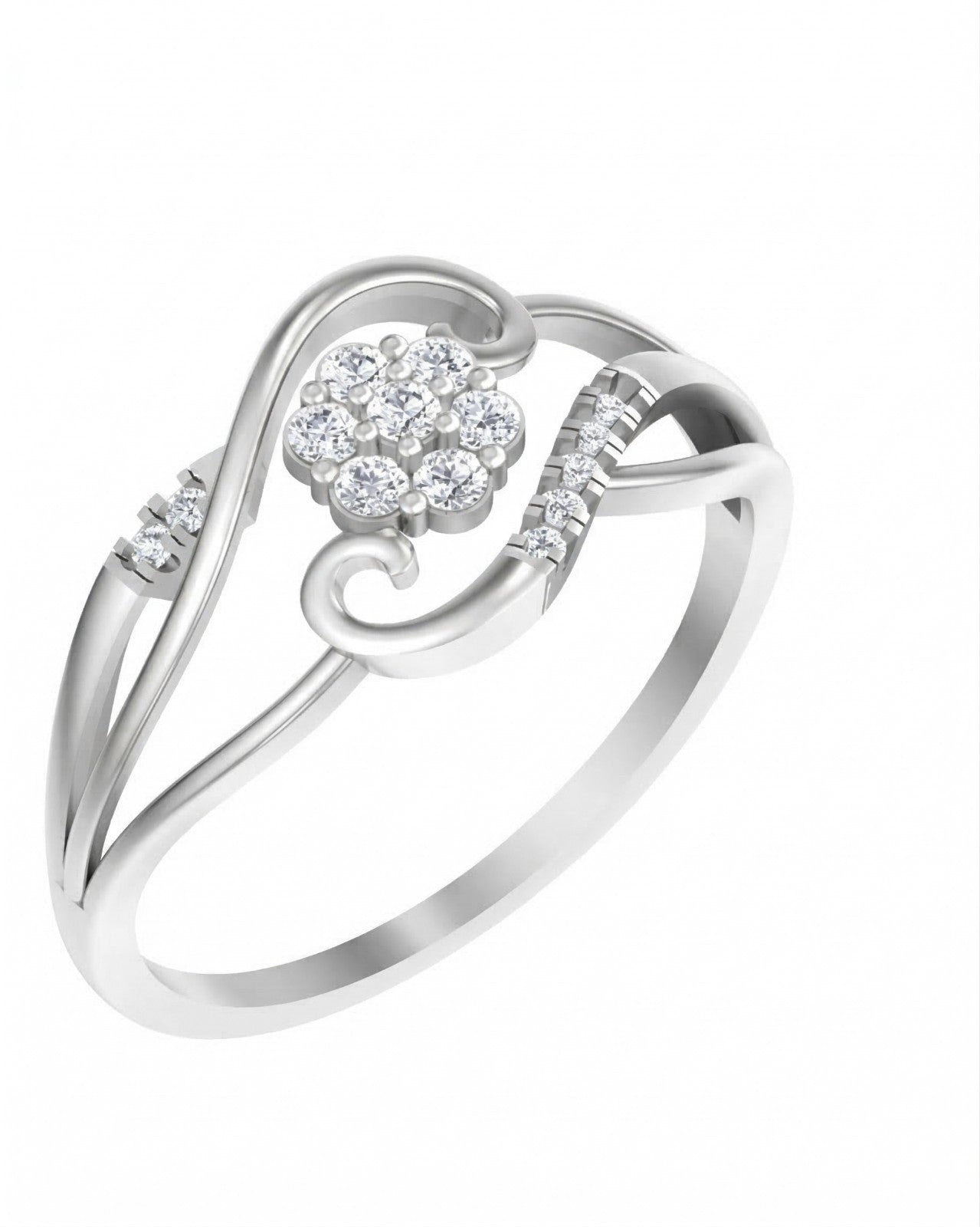 White gold and diamond with floral cluster on a white background.