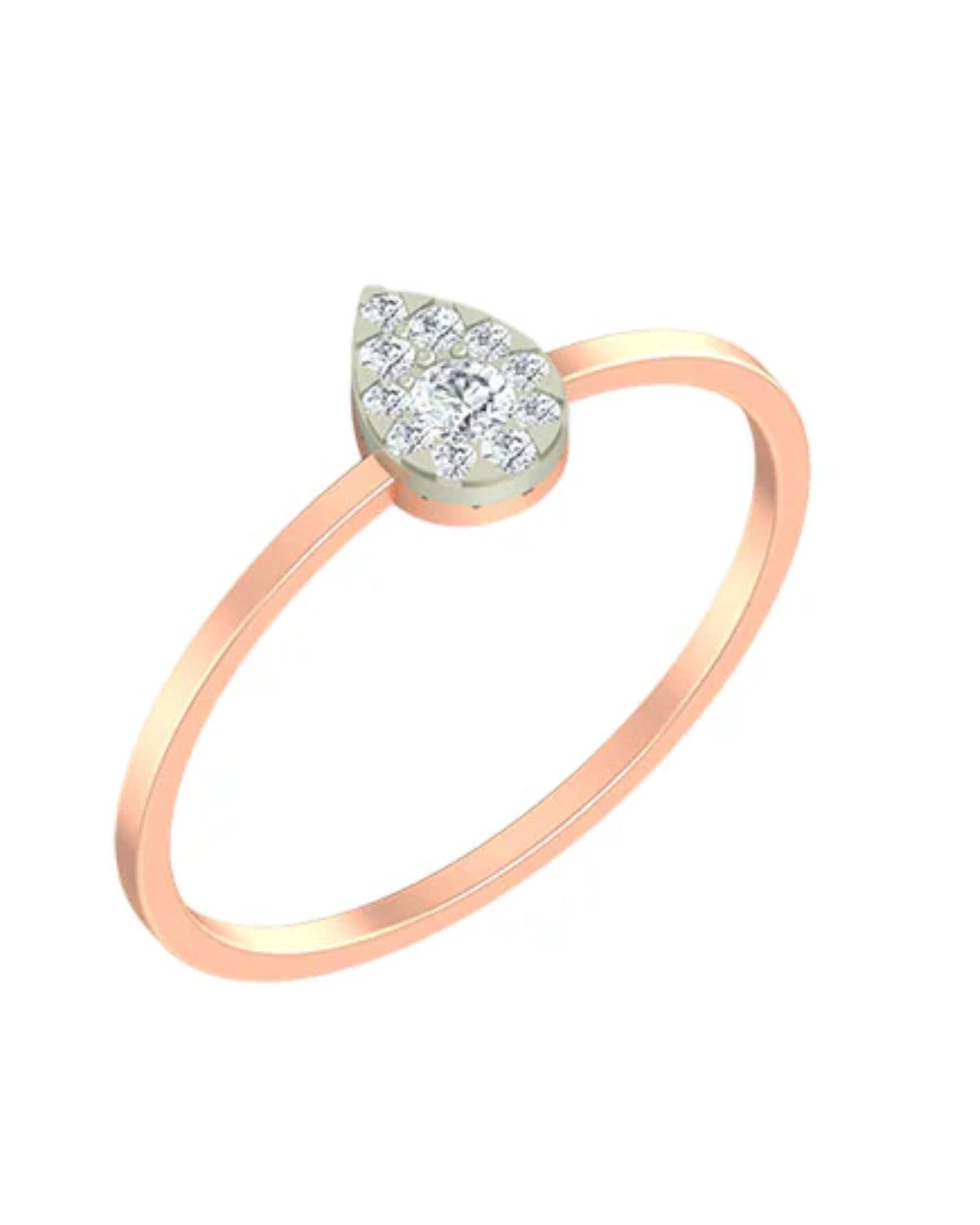 Rose gold and diamond with teardrop shaped cluster setting on a white background.