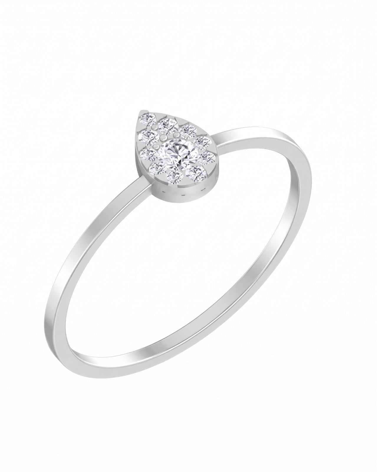 White gold and diamond with teardrop shaped cluster setting on a white background.