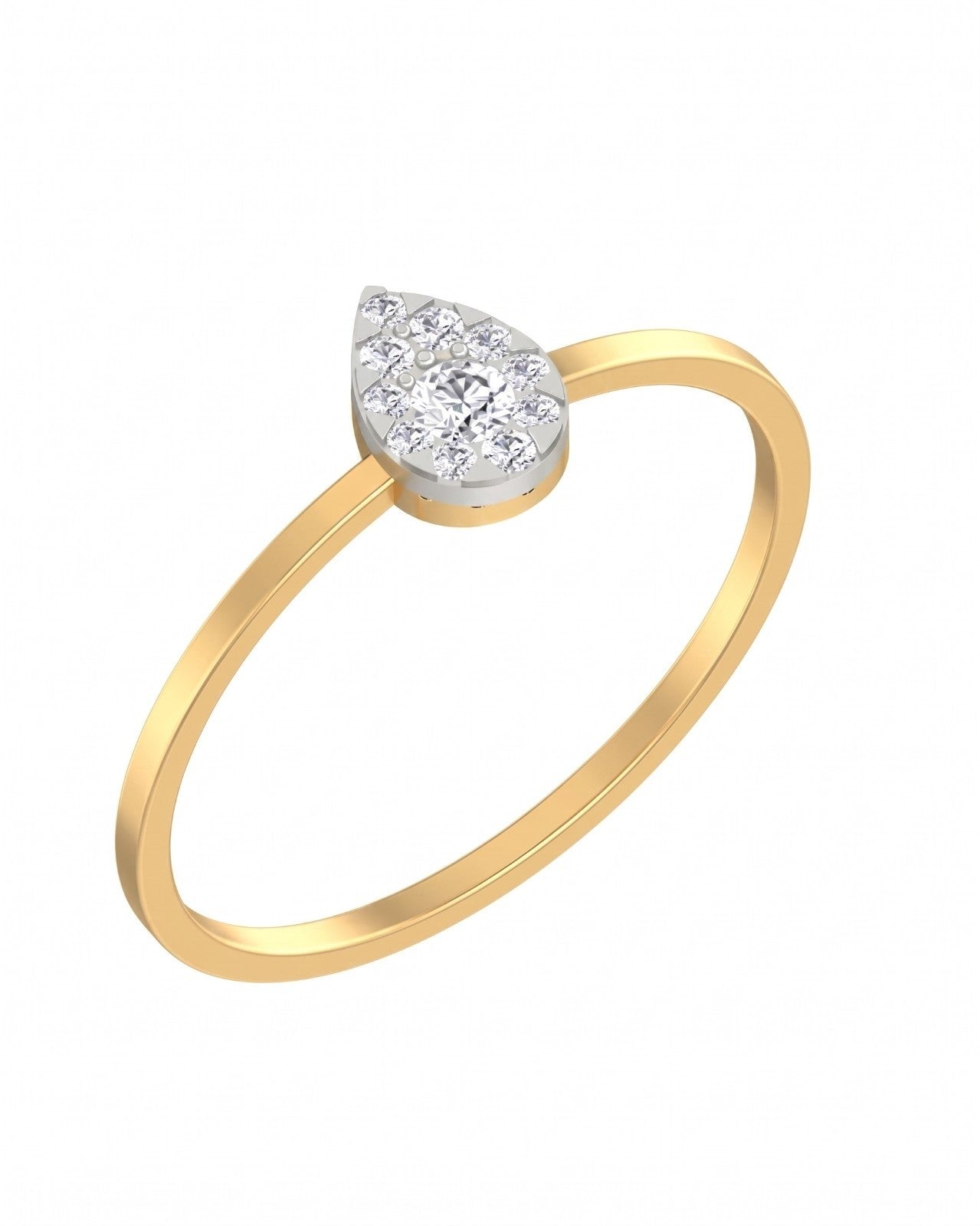 Yellow gold and diamond with teardrop shaped cluster setting on a white background.
