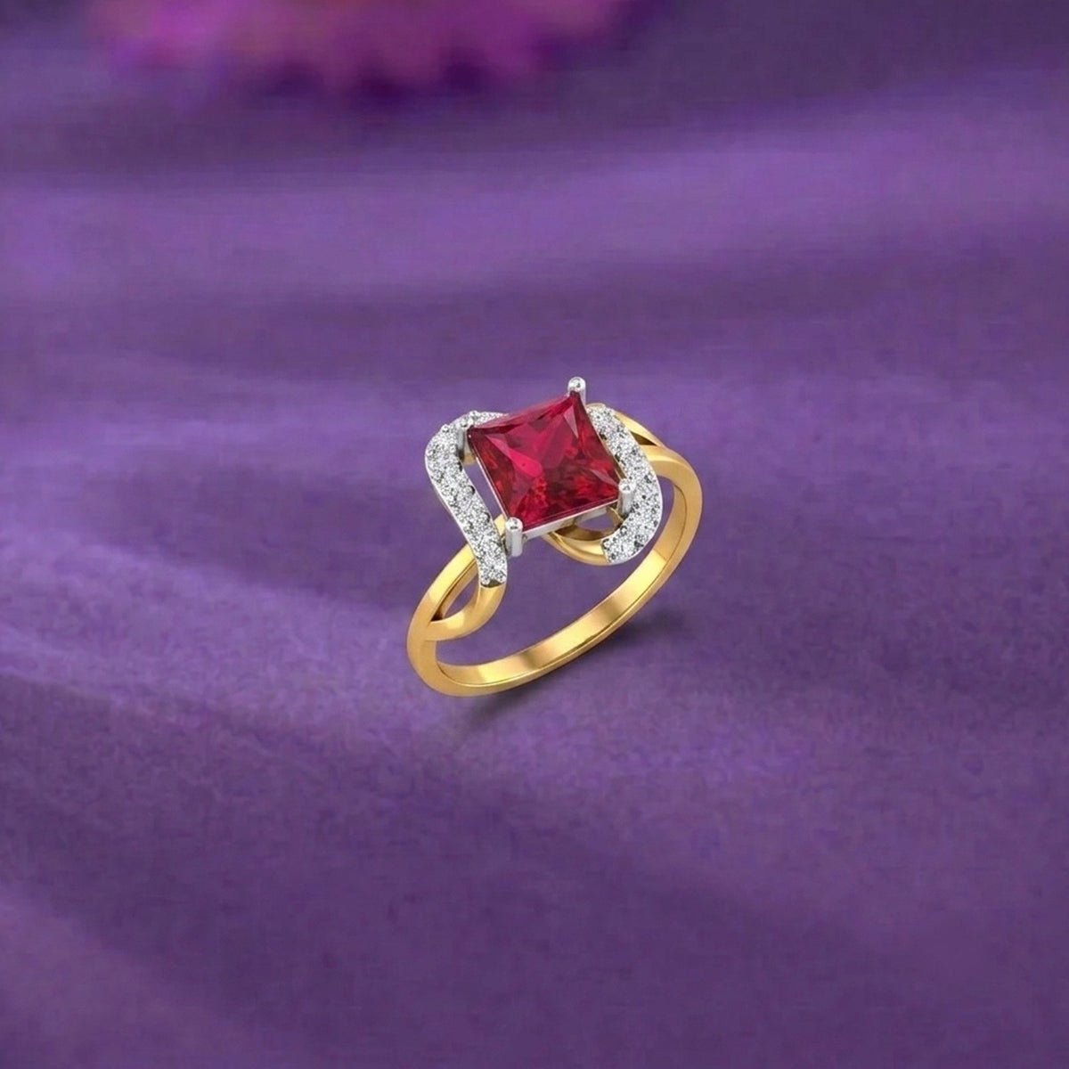 Gold ring featuring a square-cut ruby gemstone, shown on a purple surface.