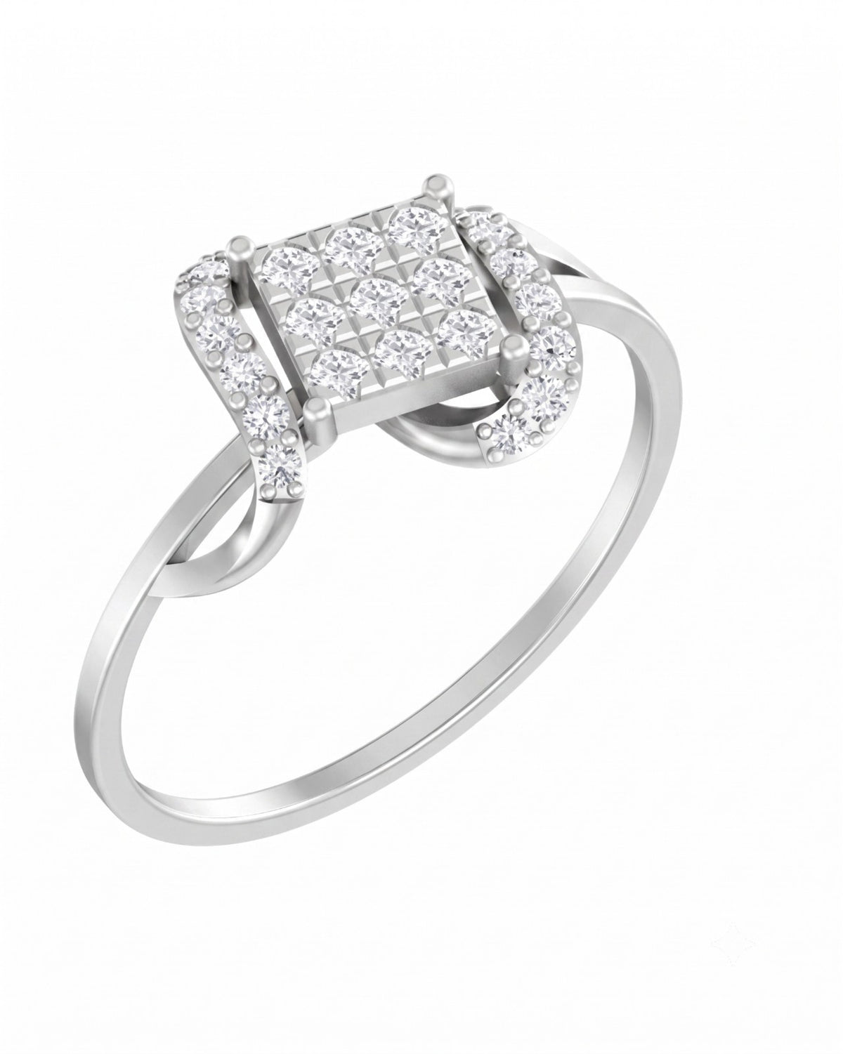 White gold and diamond with cluster ring on a white background.