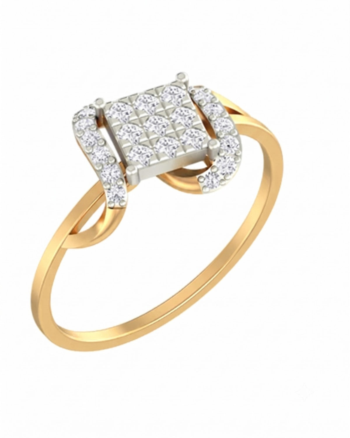 Yellow gold and diamond with cluster ring on a white background.