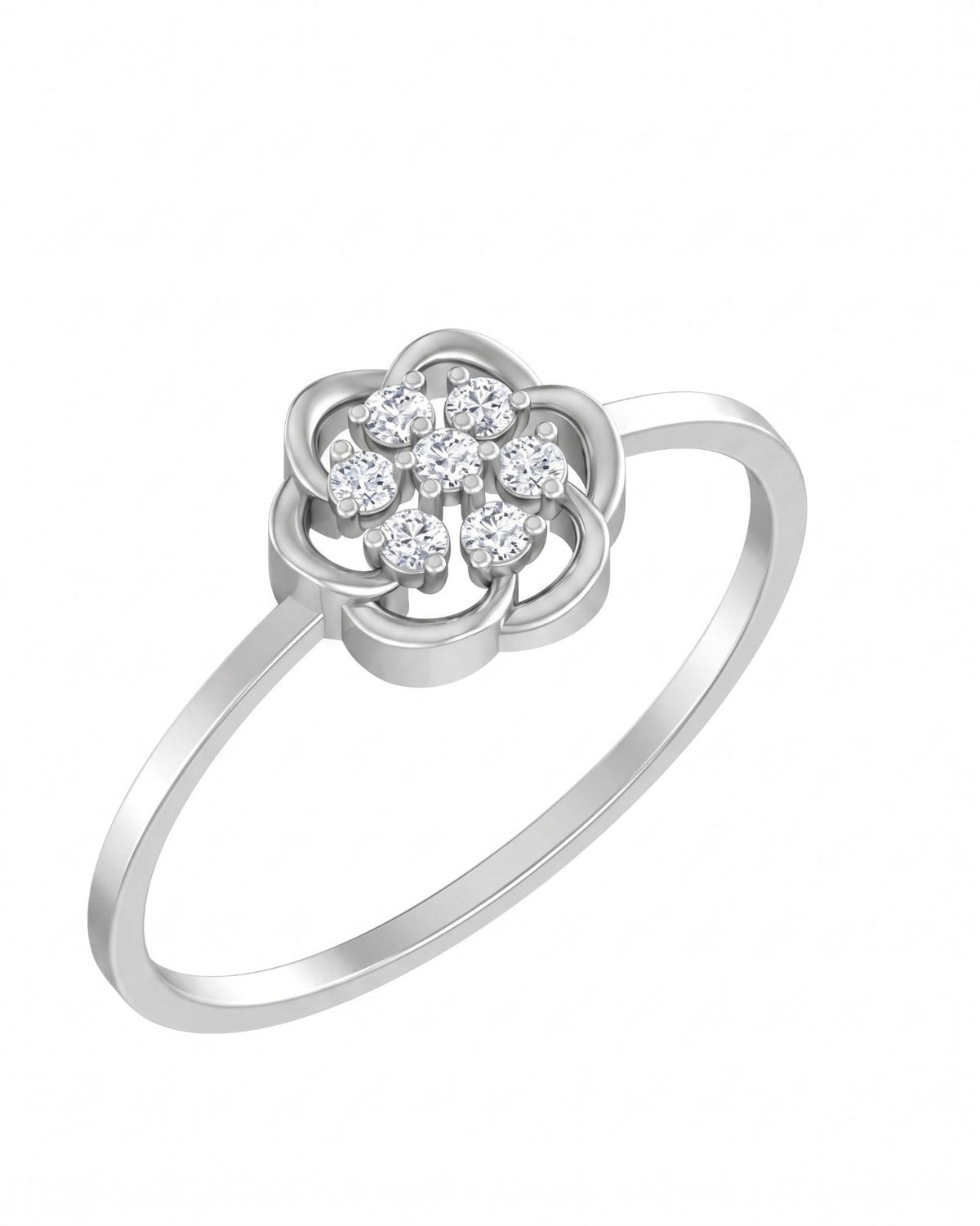 White gold and diamond with floral cluster setting on a white background.