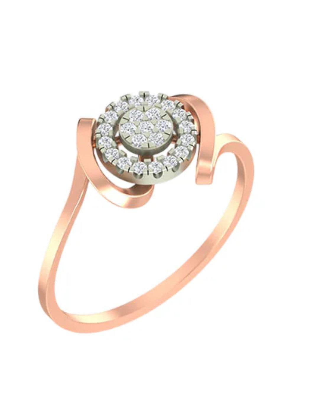 Rose gold and diamond with halo cluster setting on a white background.
