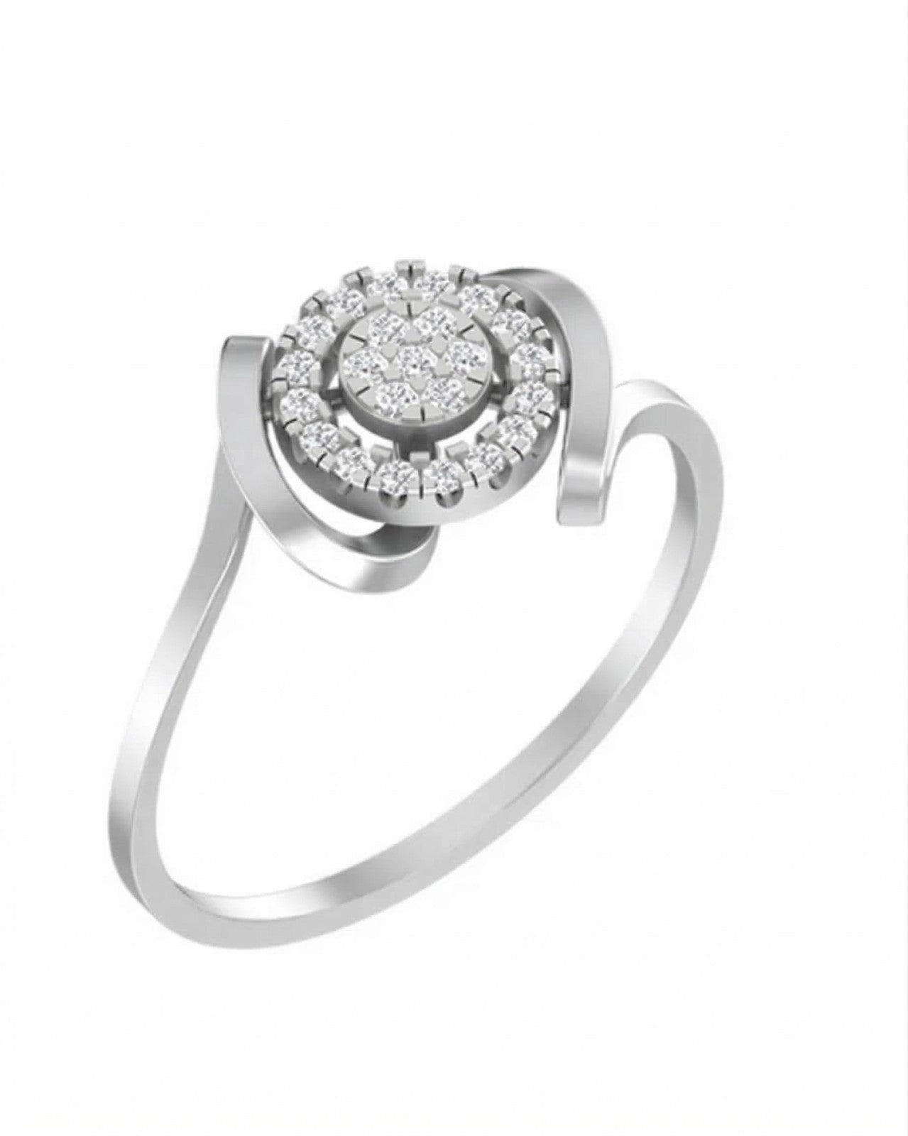 White gold and diamond with halo cluster setting on a white background.