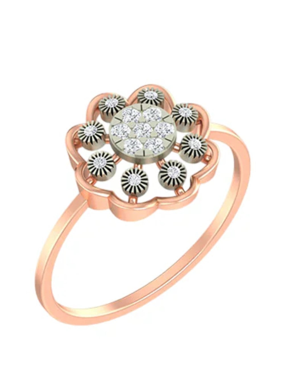 Rose gold ring with a floral design and central gemstone on a white background
