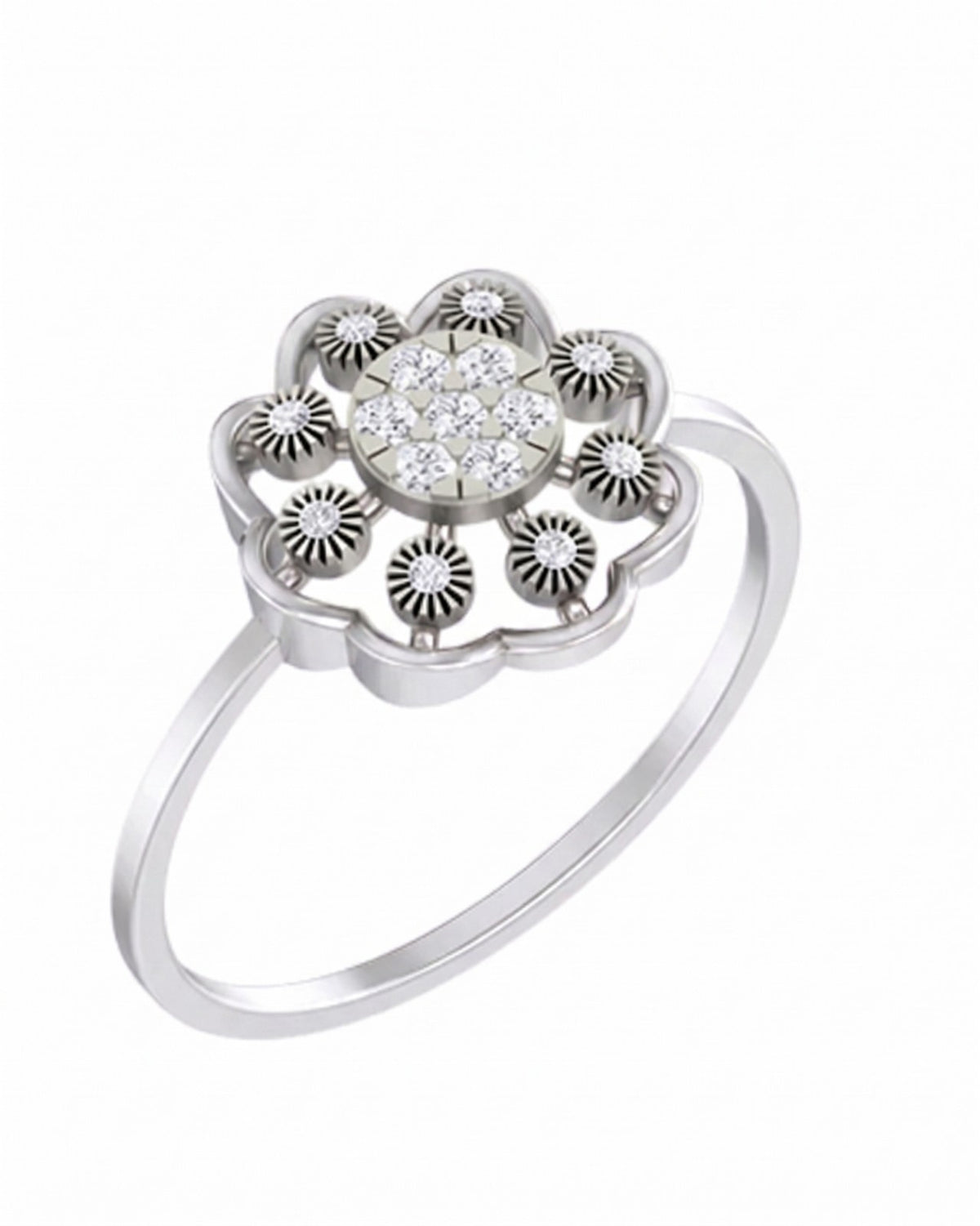 White gold ring with a floral design and central gemstone on a white background