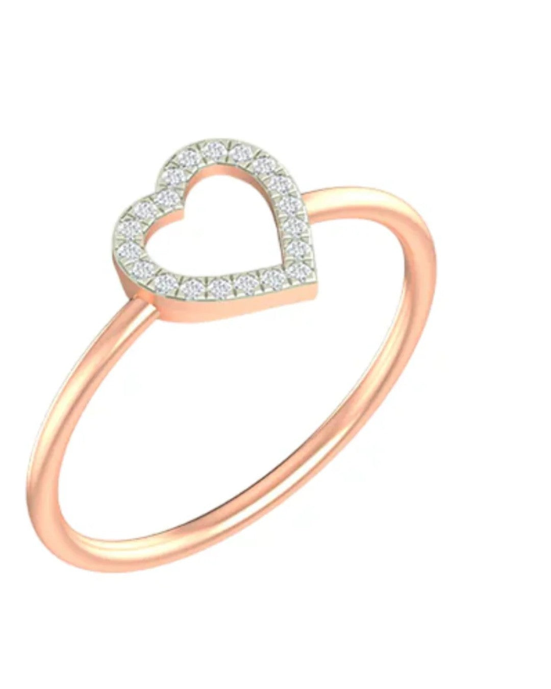 Rose gold heart-shaped ring with diamond accents on a white background