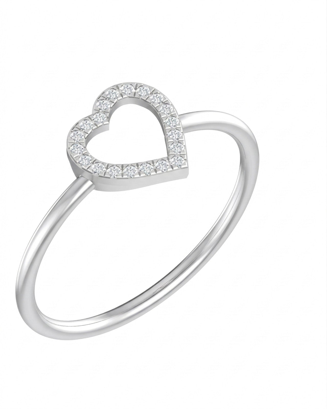 White gold heart-shaped ring with diamond accents on a white background