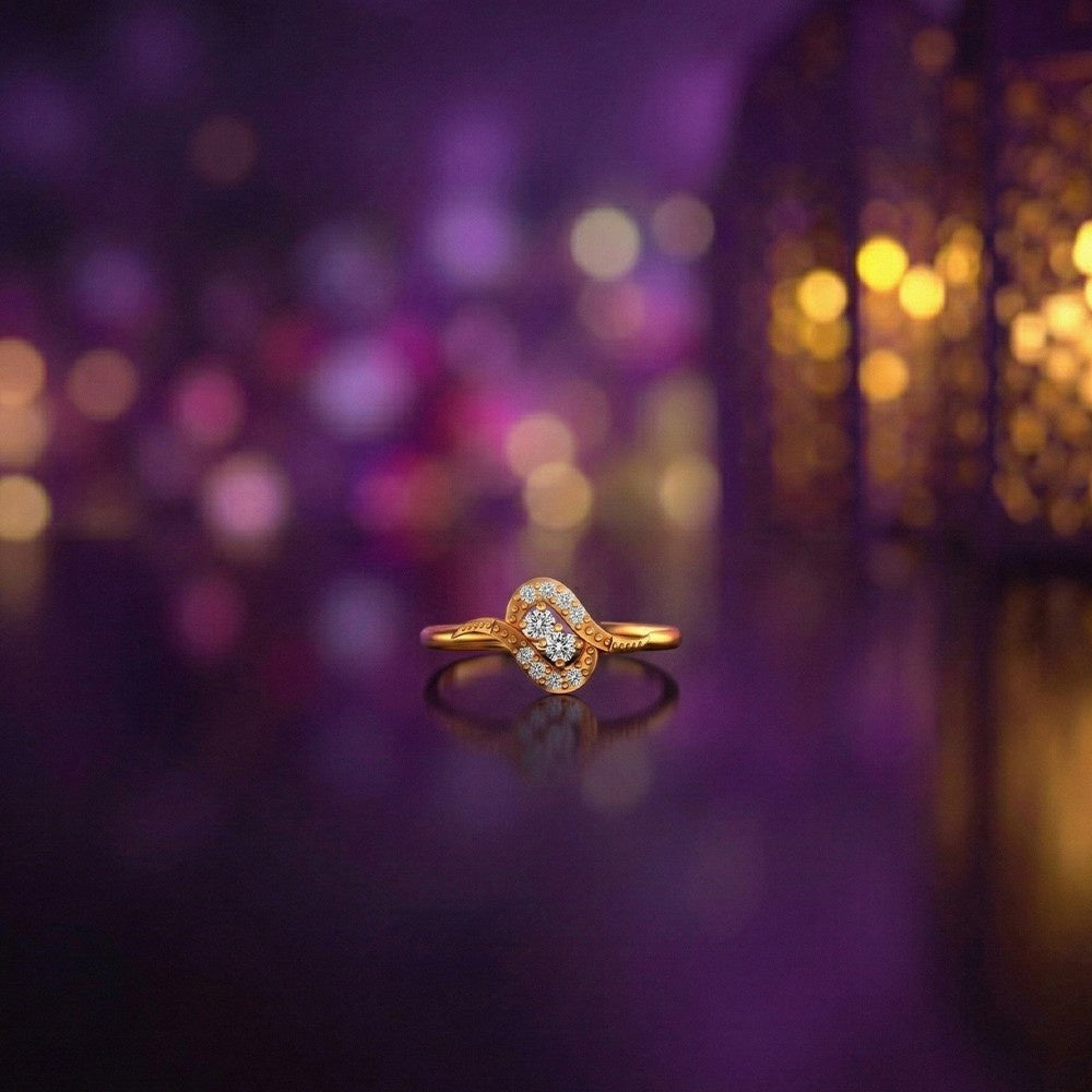 Gold and diamond with cluster setting on a reflective surface.