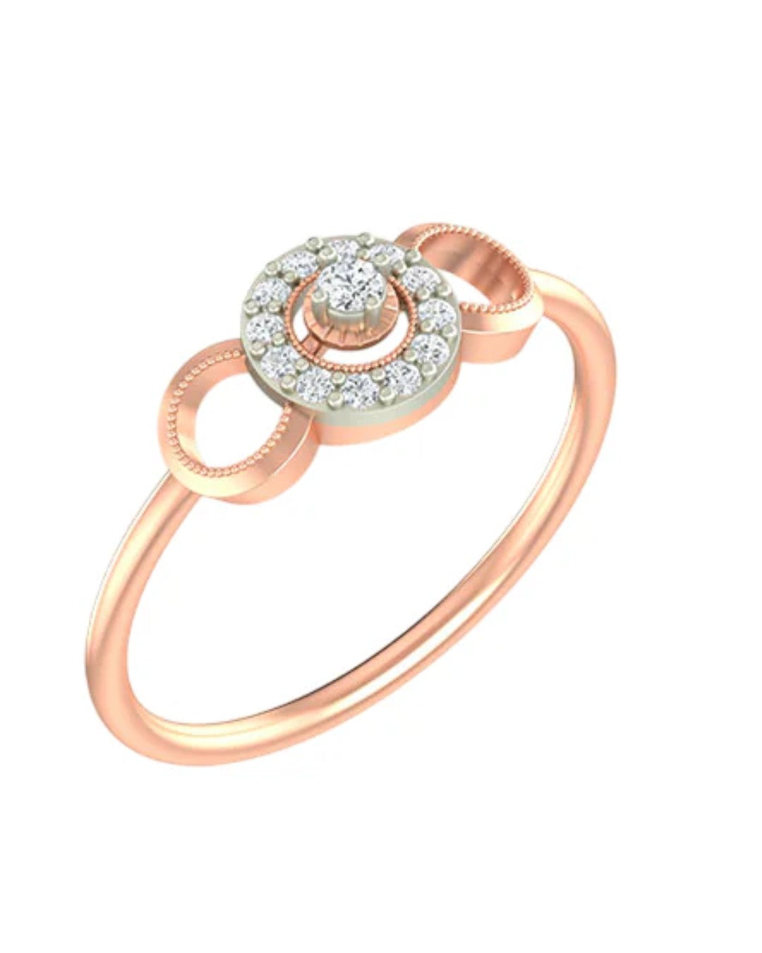 Rose gold and diamond with halo diamond setting on a white background.