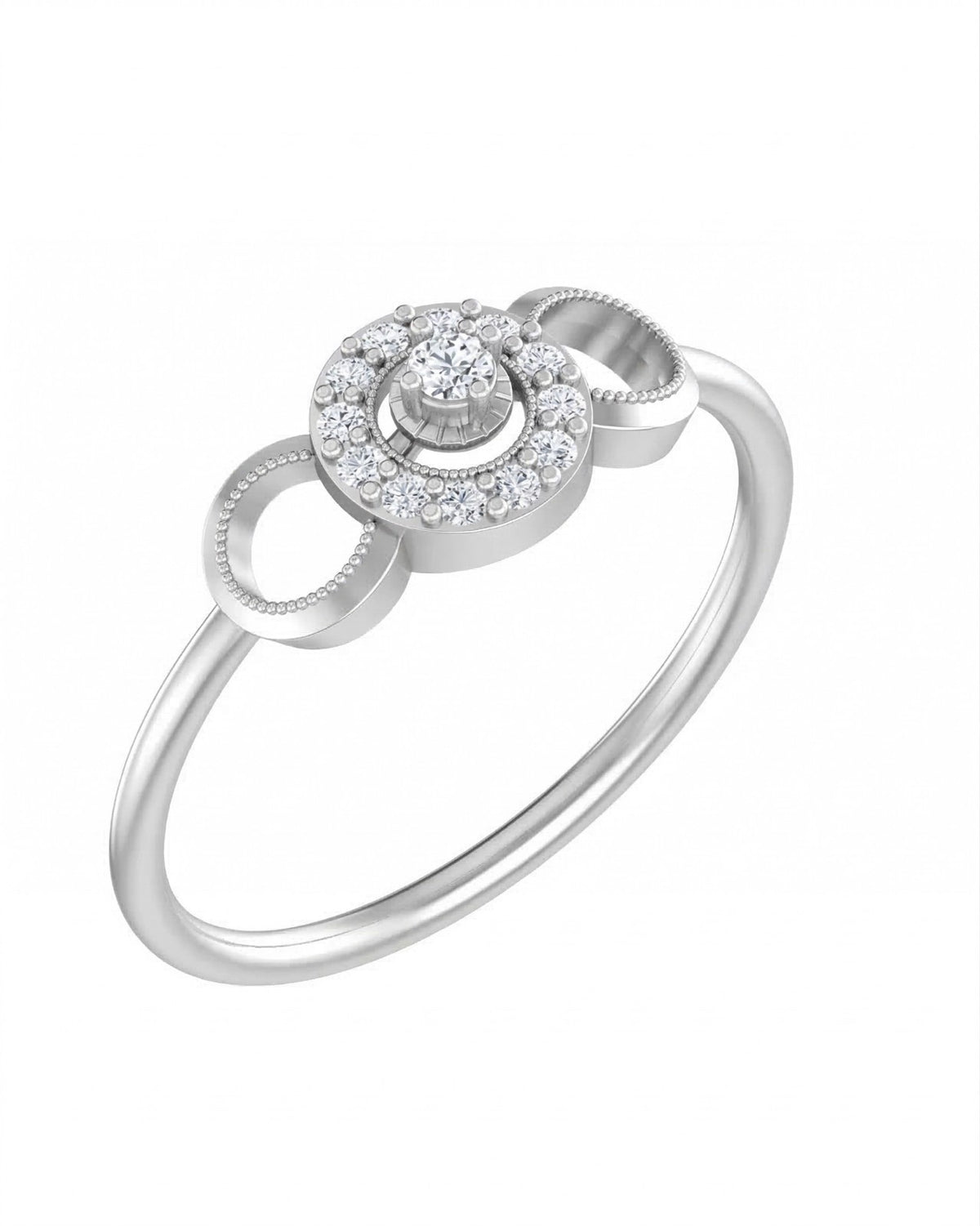 White gold and diamond with halo diamond setting on a white background.