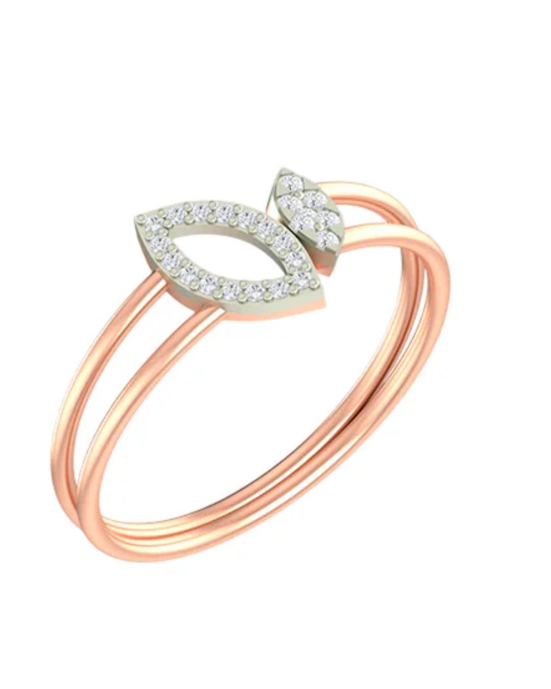 A rose gold double-band ring featuring a leaf-shaped top pavé-set, shown on a plain white background.
